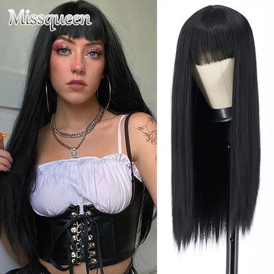 Lange Steile Zwarte Pruik met Pony Synthetisch Haar Pruiken Pony met Pruik voor Vrouwen Wijnrood Goud Hittebestendige Pruiken