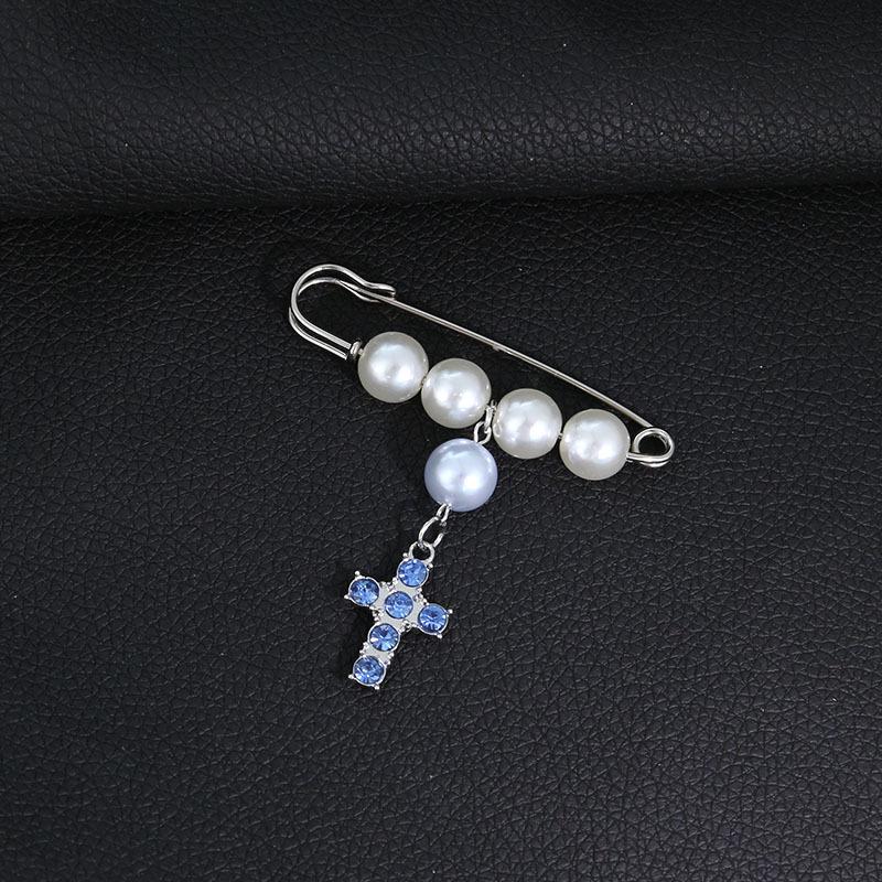 Korean Retro Light Luxury Blue Diamond & Faux Pearl Cross Brooch for Women - Elegant Suit Accessory
