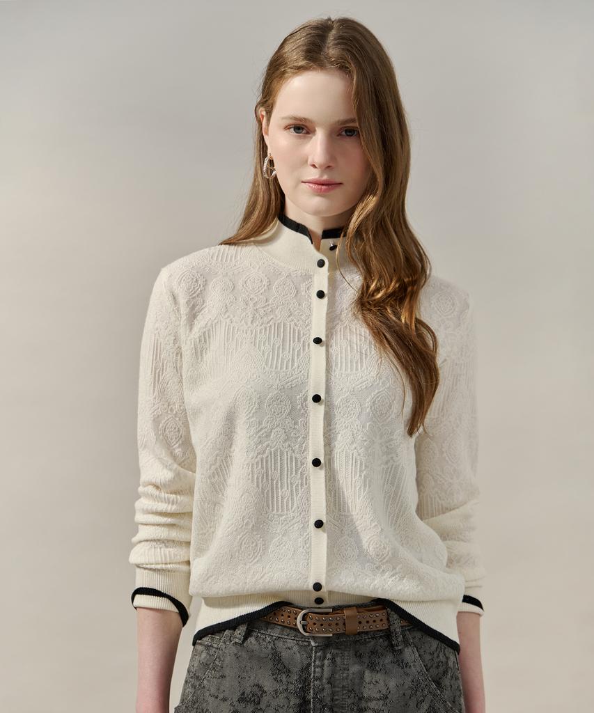 MAXZA Contrast Collar Button Jacquard Pattern Knit