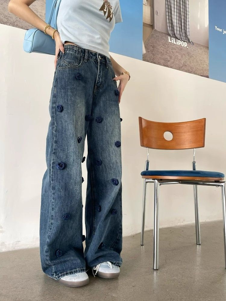Plus Size Vintage Floral High Waist Casual Loose Women Spring Summer Autumn Jeans Denim Wide Leg Pants