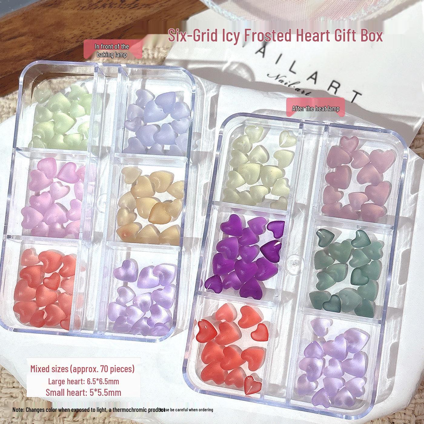 6-Grid Color-Changing Frosted Heart Nail Art Set: Resin Peach Heart Rhinestone DIY Nail Accessories