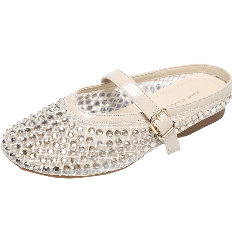 ZHR Women s Retro Mesh Mary Jane Flat Mules with Rhinestones 37