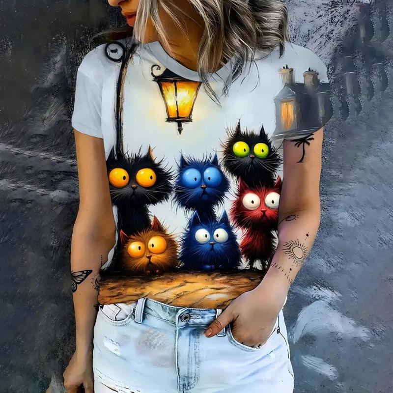 Summer Women's T-Shirts Casual Short Sleeve Crew Neck Tee Fashion Streetwear Female Oversized Clothing Cartoon Cat T-Shirts