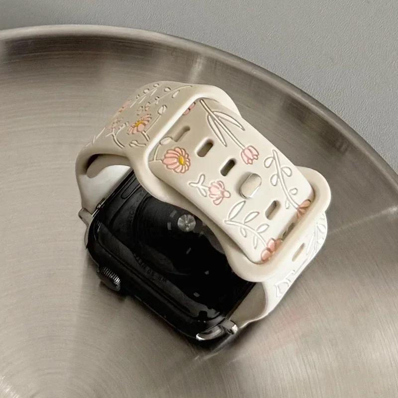 New Floral Engraved Bracelet For Apple Watch Band 44mm 42mm 41mm 40mm 45mm 49mm 46mm Correa Iwatch Series 10 9 7 SE 6 8 Ultra