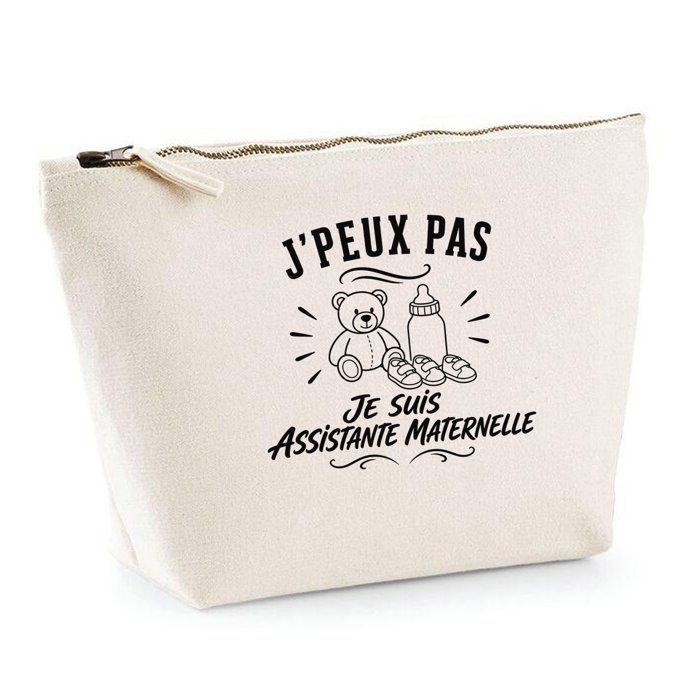 Trousse Beige J’peux pas je suis Assistante maternelle J'peux pas minimaliste | Trousse de Toilette en Coton 3 L avec Zip Métal et