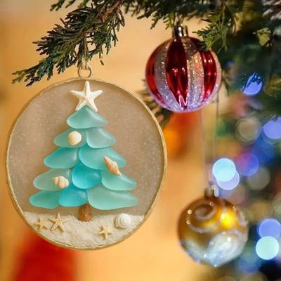 Ocean-Inspired Christmas Ornament Sea Glass Shell Resin Tree with Starfish Topper Coastal Christmas Hanging Decoration for Tree Car Mirror Decor