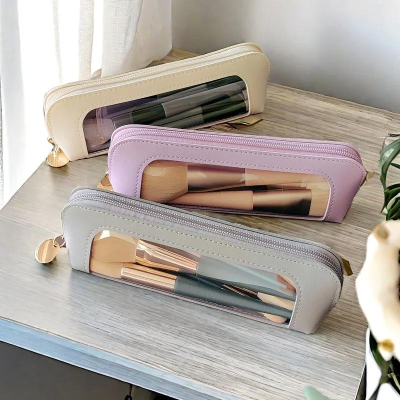 Women's Portable Leather Makeup Bag Waterproof Travel Cosmetic Pouch for Eyebrow Pencils & Brushes Compact Organizer Case