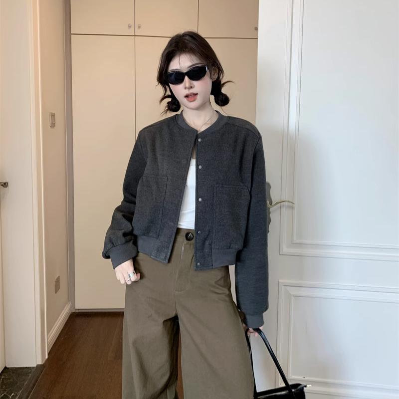 Women's Loose-Fit American Retro Short Baseball Jacket Casual Gray Outerwear for Autumn