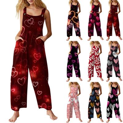 Women's Casual Sleeveless Jumpsuit With Valentine's Day Print, Cotton Romper