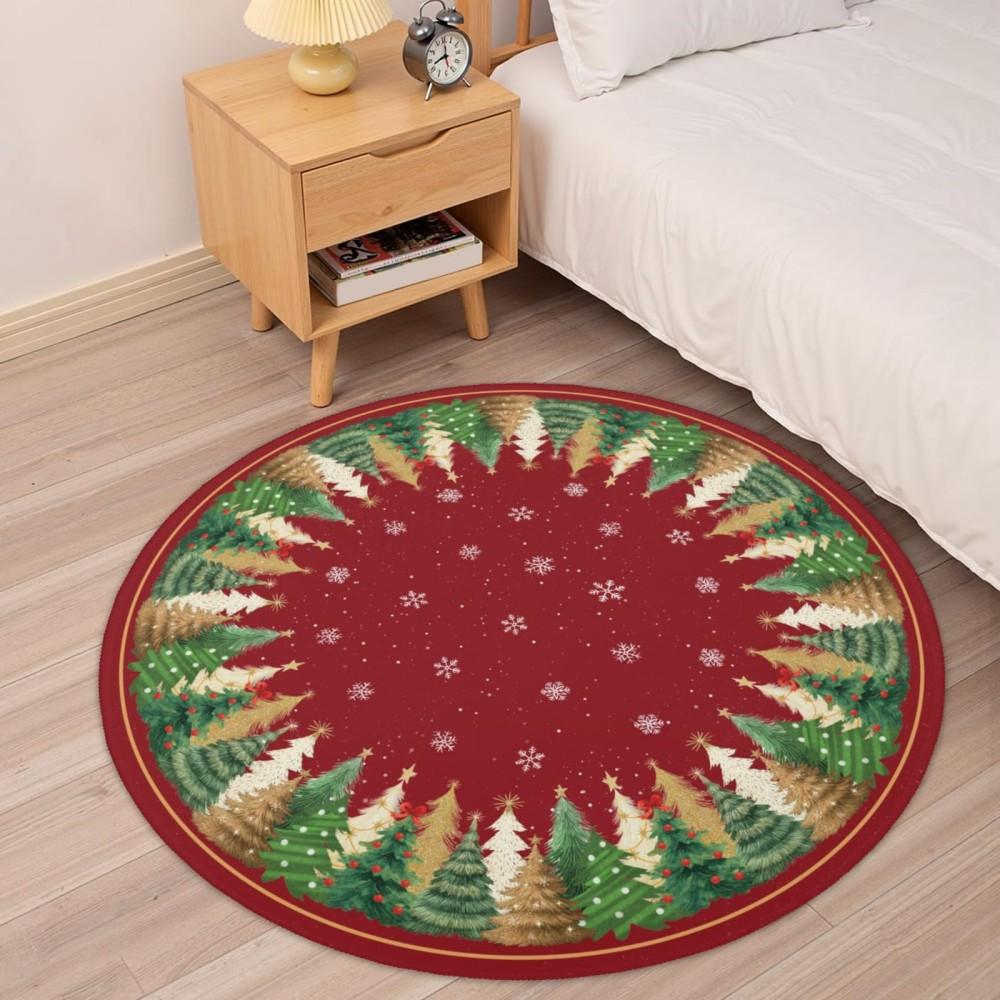 Merry Christmas Round Rug Vintage Red Christmas Tree Area Carpet Soft Washable Bedroom Bedside Floor Mat New Year Home Decor