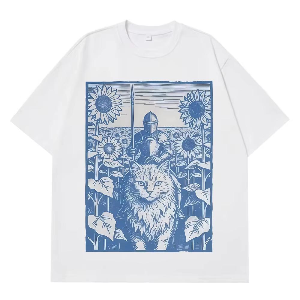 Cat Knight Medieval Sunflowers Vintage Graphic TShirt Men Women Casual Tshirts Shortsleeved Hiphop Cotton Aesthetic Top S