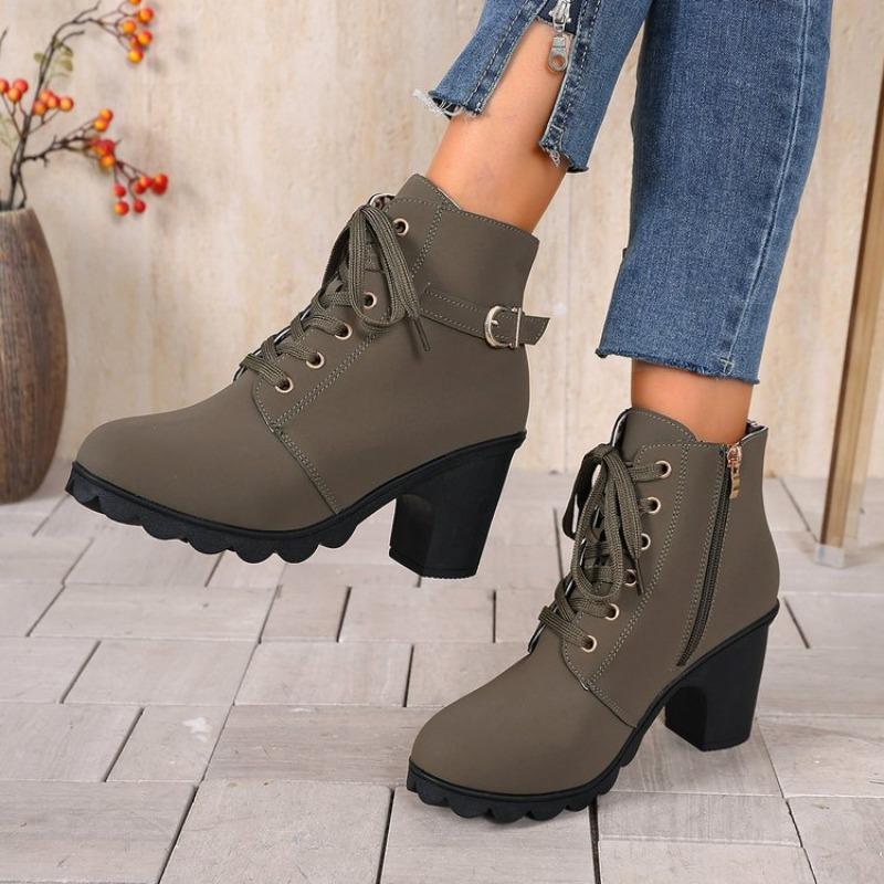 Coarse Heel Short Boots Round Head Lace-up and Bare Boots New High Heel Side Zipper Martin Boots Women's Single Boots Belt