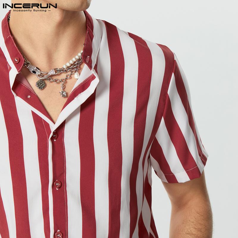 INCERUN Men Summer Lapel Neck Short Sleeve Striped T-shirts Buttons Up Shirts Tops