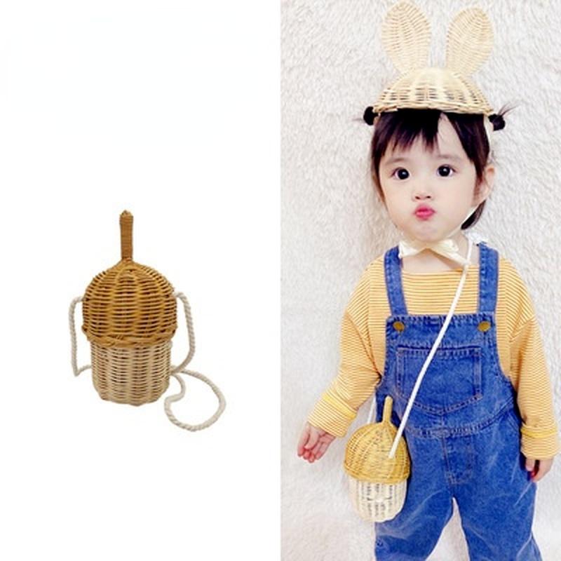 Children Cute Pinecone Crossbody Bag Children Creative Hair Woven Messenger Bag Handmade Rattan Straw Bag