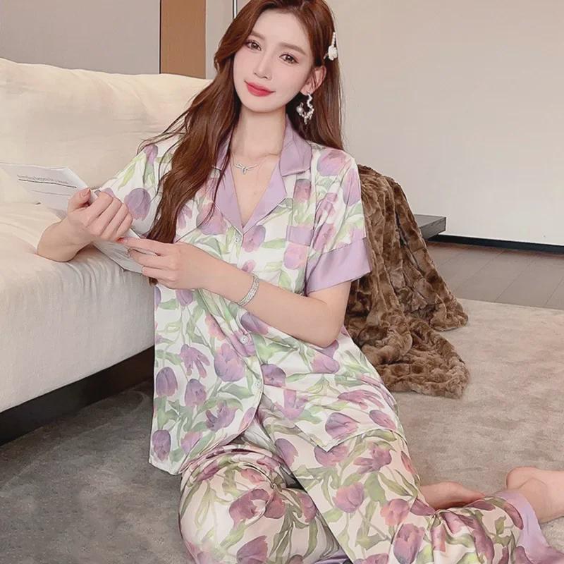 Women's Summer Short-Sleeve Ice Silk Pajamas In Purple Tulip Style