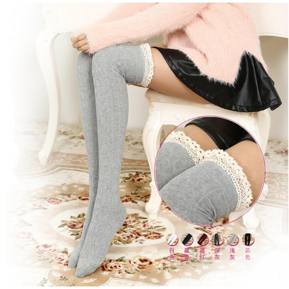 W156 Japanese Lace Knee Socks Thigh Socks Women's College Wind Twist Vertical Strip Cotton Stockings High Stockings