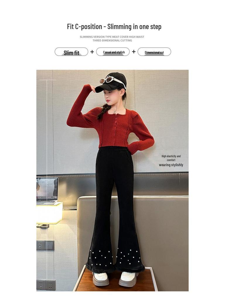 Girls' Micro-Flared Black Pants - Stylish & Warm for Autumn/Winter 2025