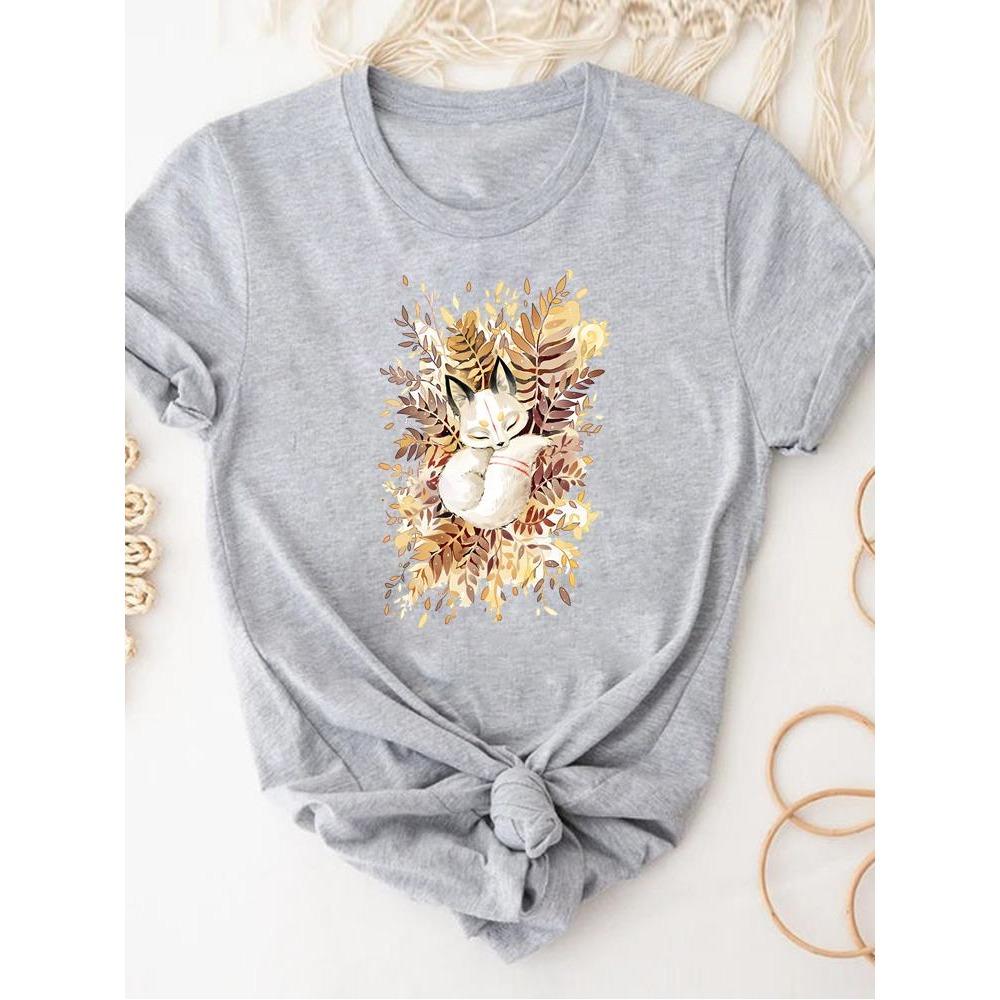 Print T Shirt Short Sleeve Summer Clothes Women Clothing Gray Owl Love Style Trend Cute Basic Tee Top Fashion Graphic T-shirt