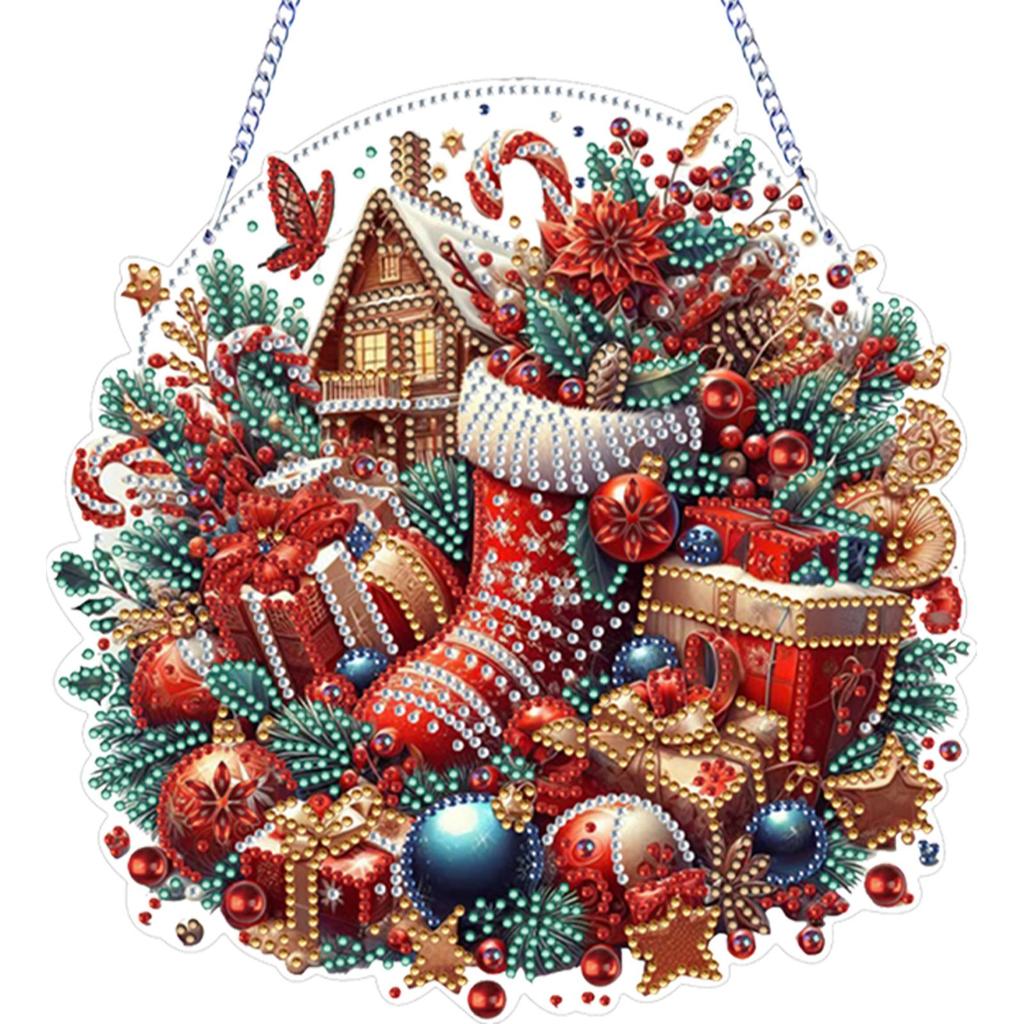 Xmas Theme 2D Flat DIY Double Sided Hanging Diamond Art Kits Rhinestone Diamond Art Window Pendants DIY Home Decor Hanging Charm