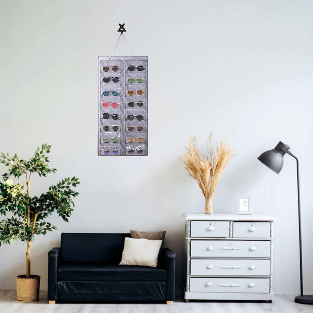 16 Slot Sunglasses Storage Hanging Bag, Wall Mounted Glasses Storage Rack, Foldable, Made of Felt and PVC Material