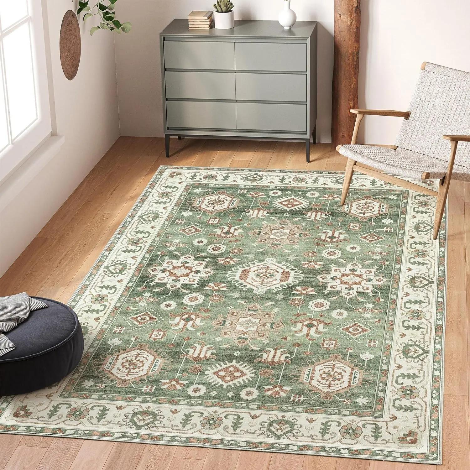 

VIKAMA Green Boho Faux Wool Rug - Vintage Non-Slip Living Room Carpet, Soft Sofa Bedside Mat, Durable Stain-Resistant Home Decor 80X160CM