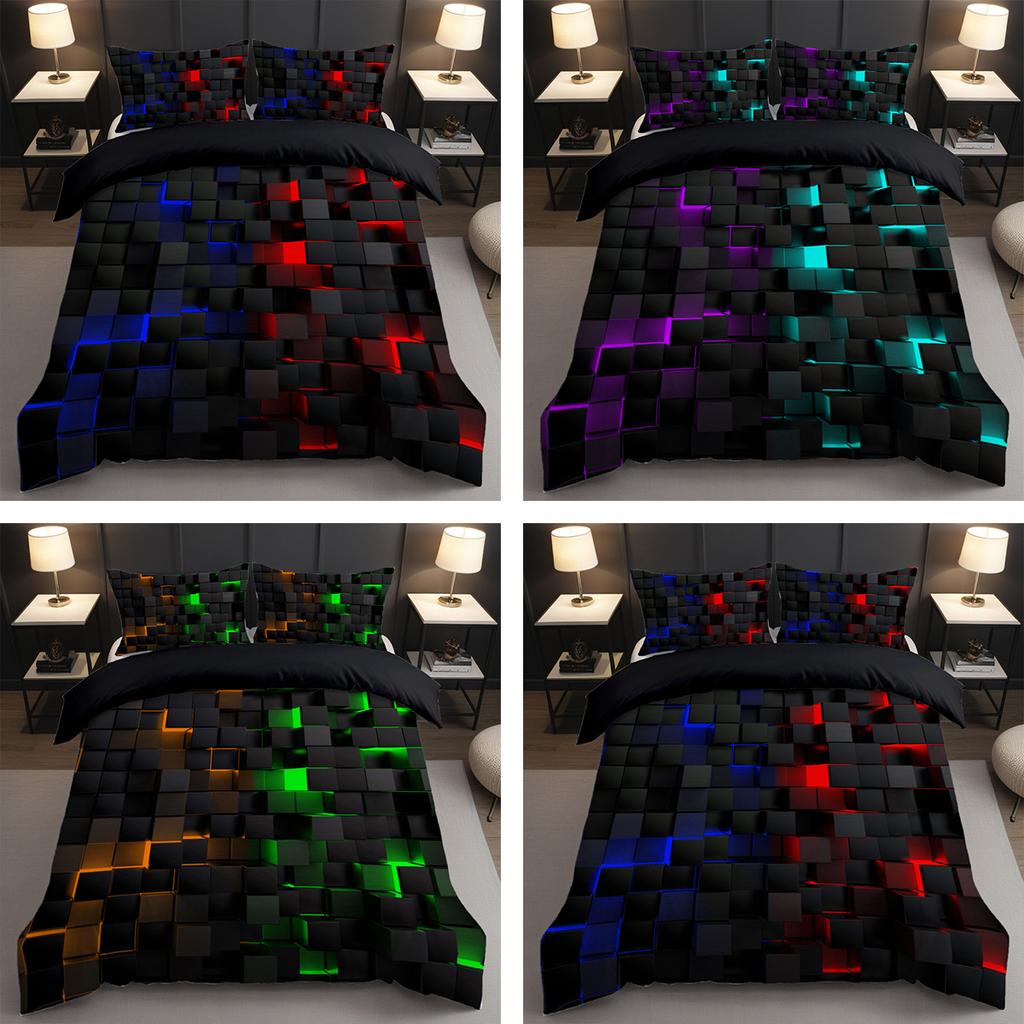 Abstract Grid Series Three-piece Set To Map Custom 3D Digital Printing Quilt Cover Bedding