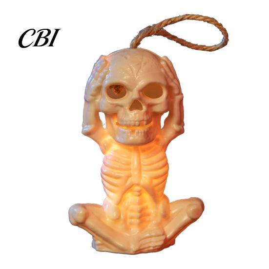 Hanging Skeleton Decor with Lanyard Halloween Decoration LED Light, Spooky Lighted Plastic Skull Flameless Candle Figurine Ornament Rope for