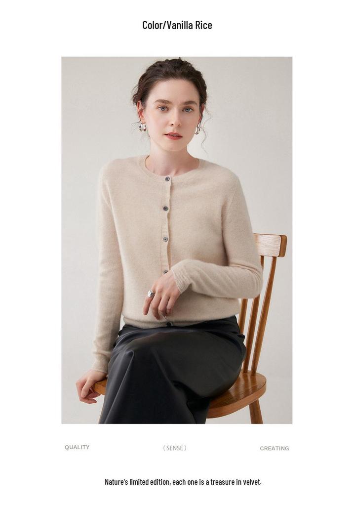 Leka Sha 100% Cashmere Women's Round Neck Single-Breasted Cardigan Jacket