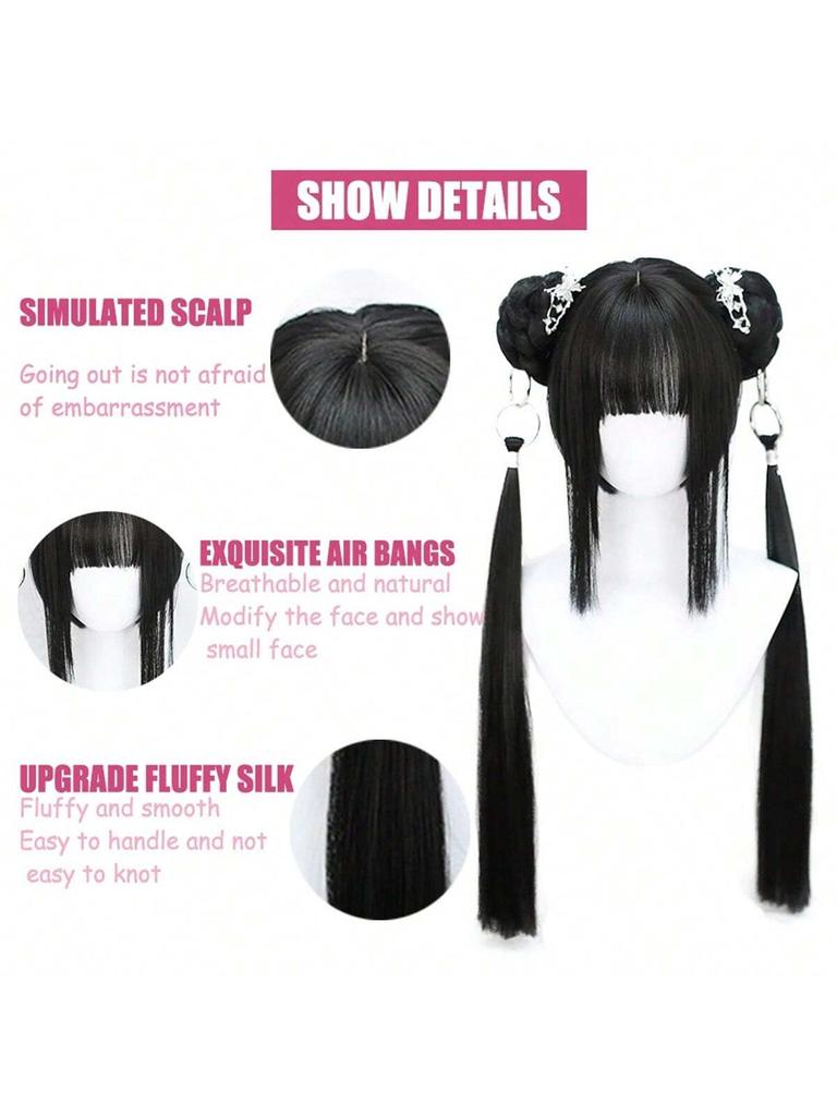 Anime-Inspired Cosplay Wig with Bangs - Heat Resistant, Straight Black & Blue Highlights, Dual Ponytails for Kawaii Look
