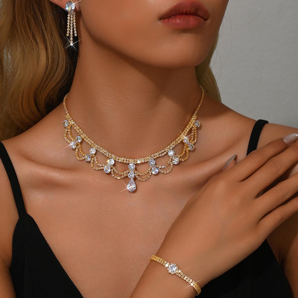 Luxurious temperament necklace, earrings, bracelet three piece set suitable for wedding, dance, party accessories