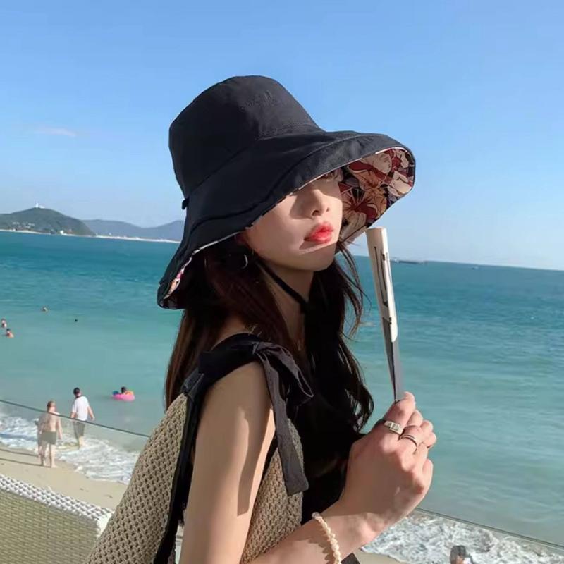 Double-Sided Bucket Hat For Women Vacation Style Flower Print Wide Brim Fisherman Hats Sun Hat