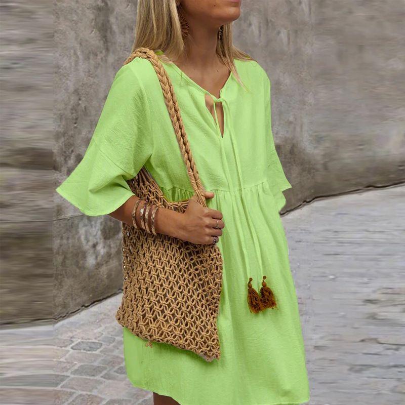 

European Dress Loose Flared Short Sleeve Dress Light green M