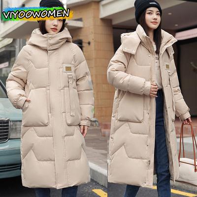 Damen Winterkleidung mit Kapuze, langer Daunenmantel, Jacke, gepolsterter Trenchcoat, Windbreaker, Parkas für Damen im Freien