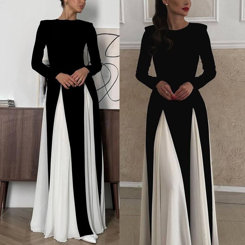 European and American Contrast Color Long Sleeve Women's Clothing Dress Casual Loose Party Long Dress Contrasting Dress