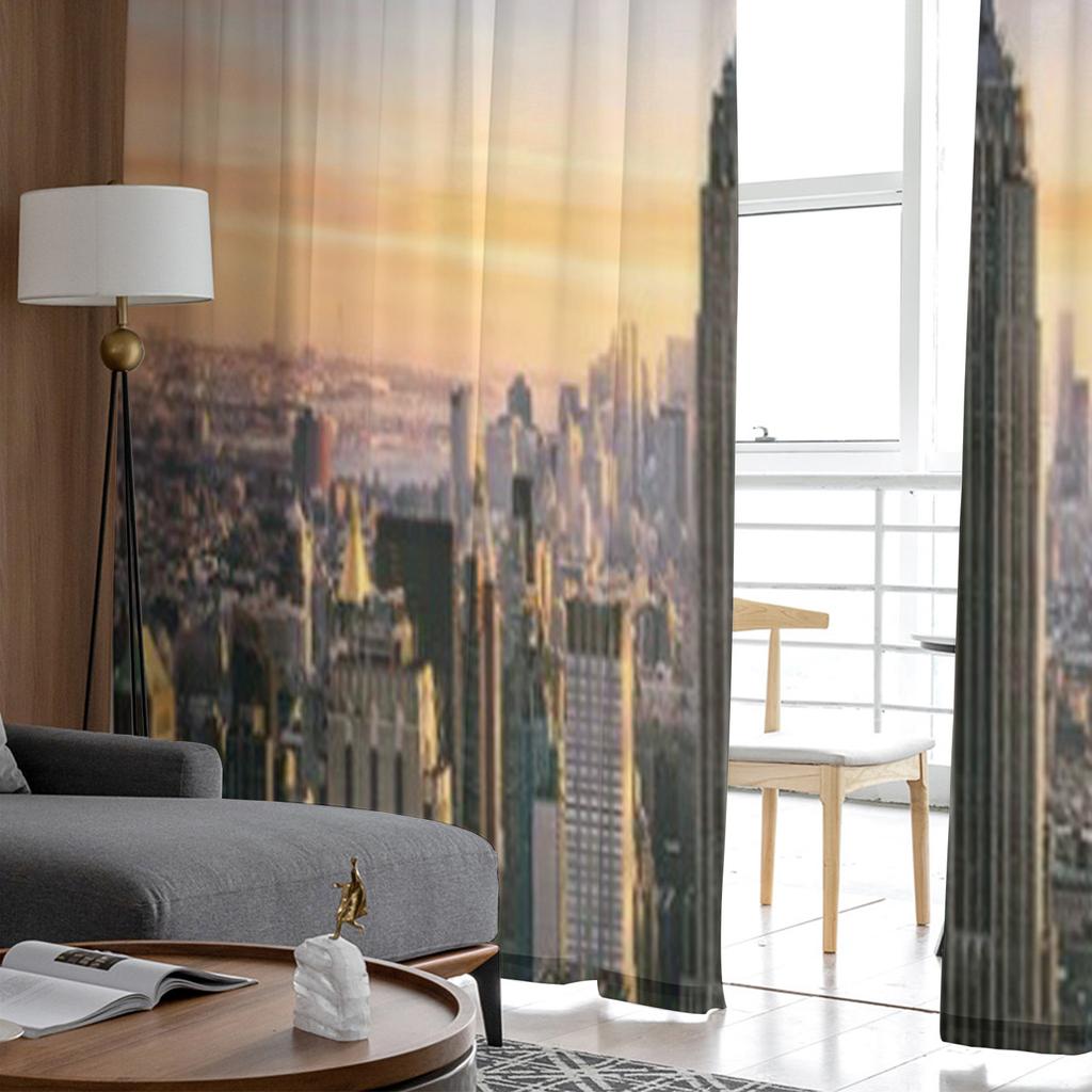 New York City Skyline Med Urbana Skyskrapor Vid Solnedgång USA Skira Gardiner för Vardagsrum Sovrum Fönster Voiler Tyllgardin