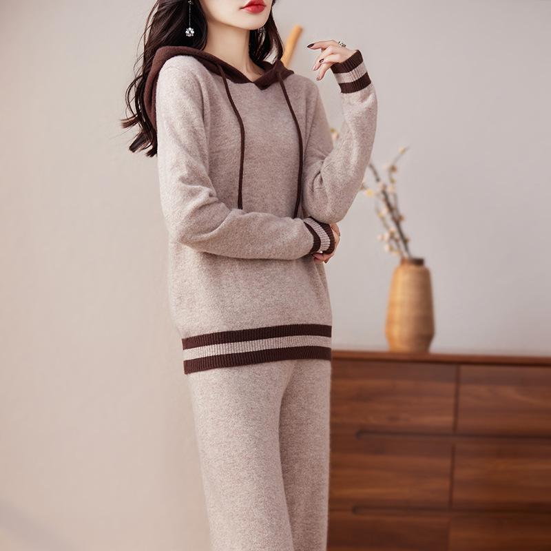 

Женский повседневный худи из шерстяного трикотажа с цветными блоками и длинные брюки - Новый осенний облегающий универсальный костюм-двойка L