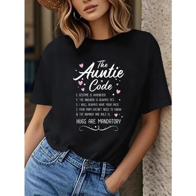 Damen Lustiges Tante Code T-Shirt Herz Design Humorvoller Familienspruch Rundhals Kurzarm Ganzjahres-Freizeit Familienveranstaltung Tante Geschenk Oberteil