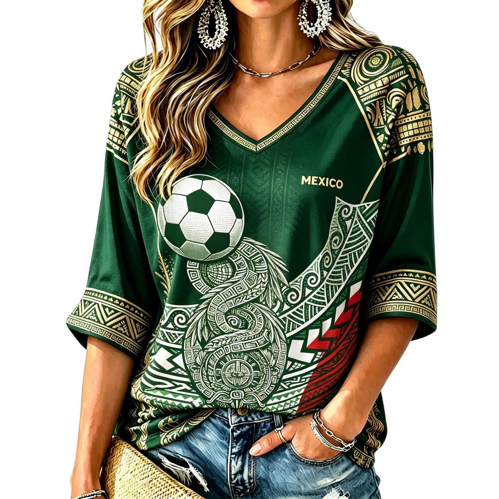 Women's V-Neck Mexico Soccer Print Lightweight Top for Spring and Summer