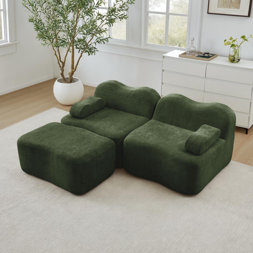 2-Sitzer L-förmiges Modulares Knochenloses Sofa mit 1 Hocker, Wellenform, Bewegliches Armlehnenkissen, für Wohnzimmer & Wohnung, Keine Montage Erforderlich, Grün
