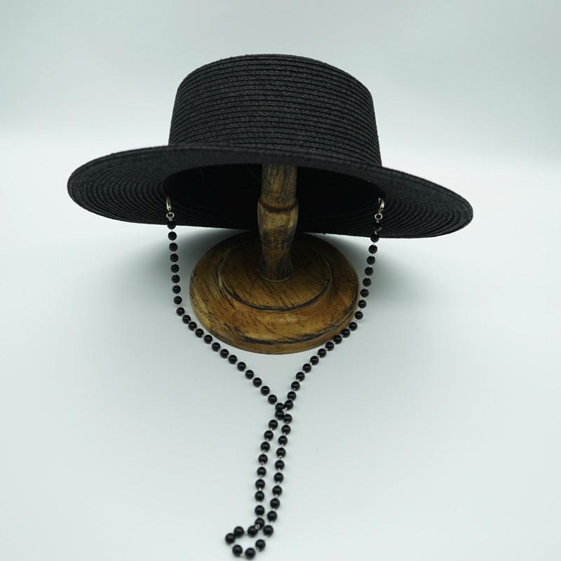 Street Shot Black Pearl Chain Flat Top Top Top Hat Women'S Summer French Retro European And American Wide Brim Sunscreen Straw Hat Foreign Trade Ins