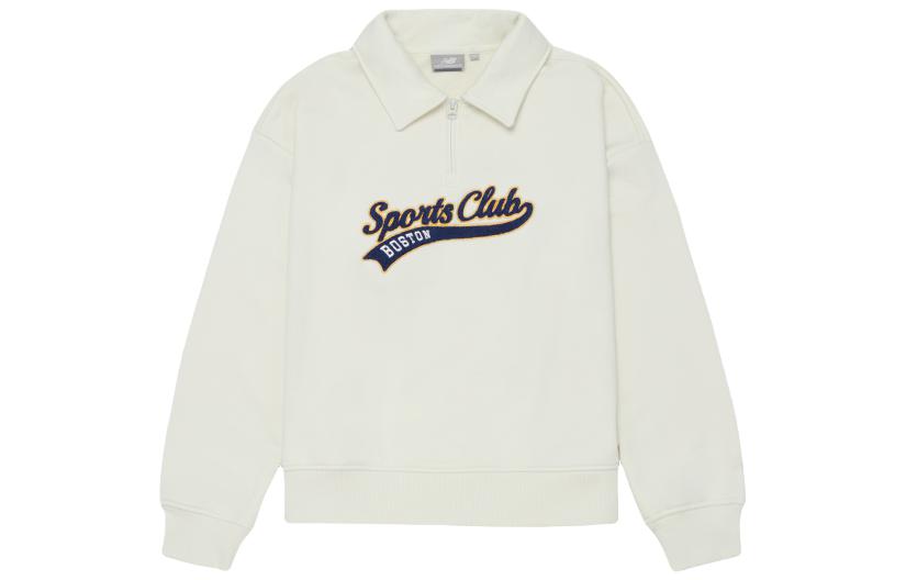 

New Balance Lapel Fleece Lined Pullover Embroidery Logo Half Zip Semi Open Collar Sweatshirt Women s Ivory White NCD42182-IV S