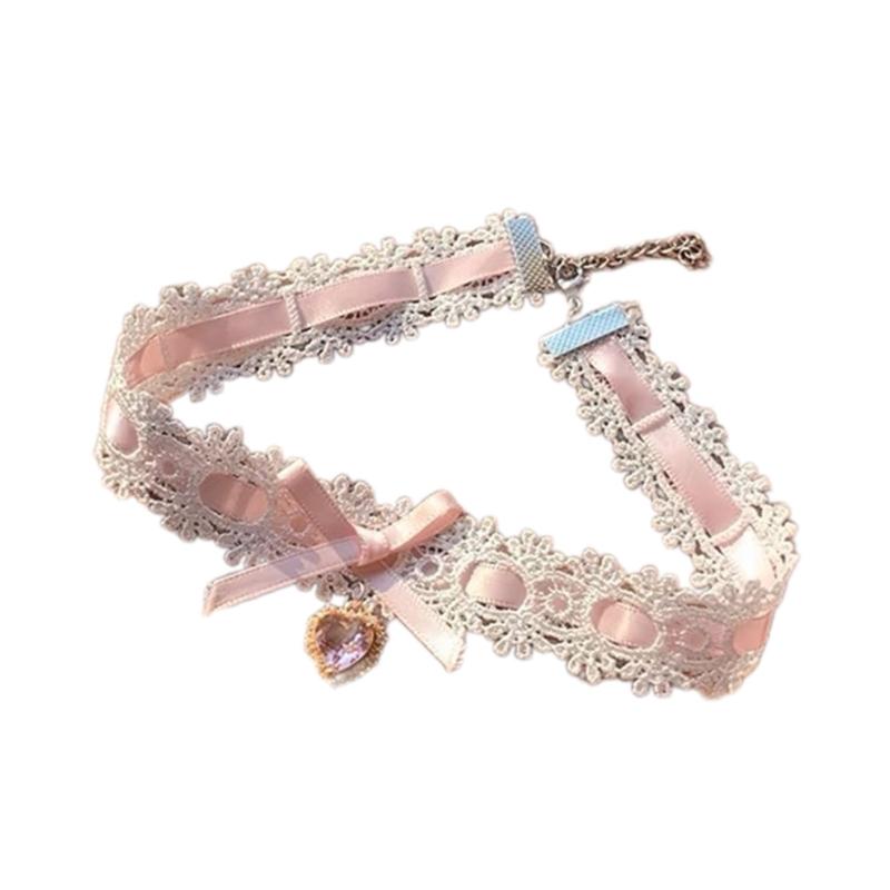 

Модное ожерелье с кулоном в виде бантика и сердца, регулируемая кружевная чокер-цепочка ручной работы, цепочка для ключицы, подарки для женщин розовый
