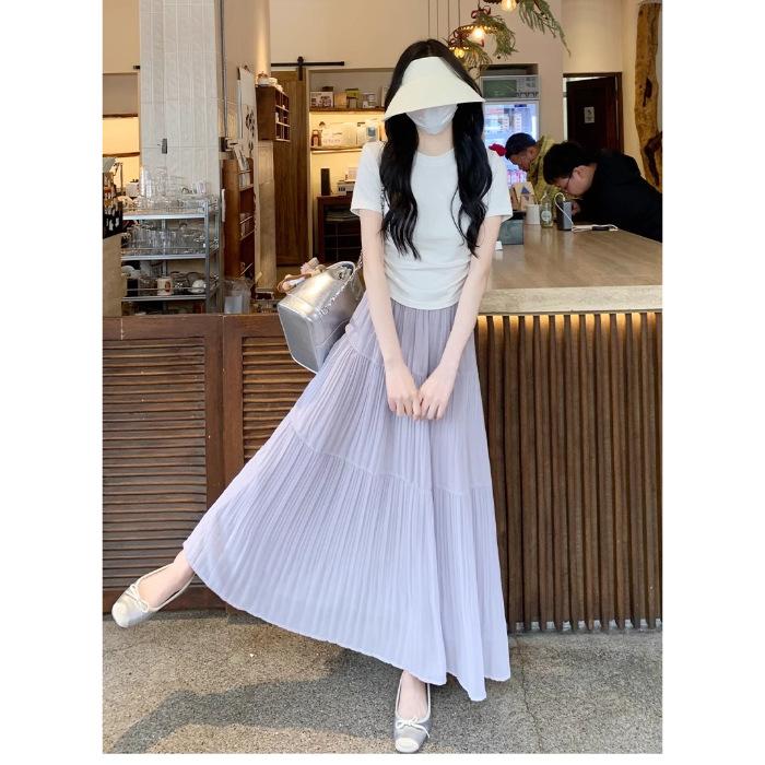 

[Chiffon fabric + lined] Pink skirt women s new summer thin gentle long dress showing thin cake XL світло-фіолетового кольору
