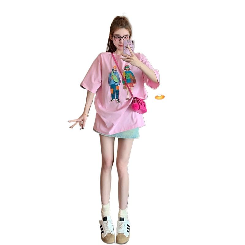 American Vintage Short Sleeve Pure Cotton T-Shirt Women's Summer Loose Plus Size Trendy Leisure Printed Casual Round Neck Top