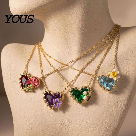 Dainty Pendant Necklace Birthstone Heart Necklace, Birth Stone And Flower Jan To Personalized Jewelry Dec Floral Birthday Gift for Mom Wife