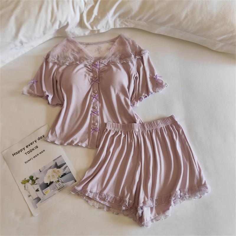 Women's Summer Modal Pajama Set with Chest Pad - Short Sleeve, Lightweight, for Spring and Autumn