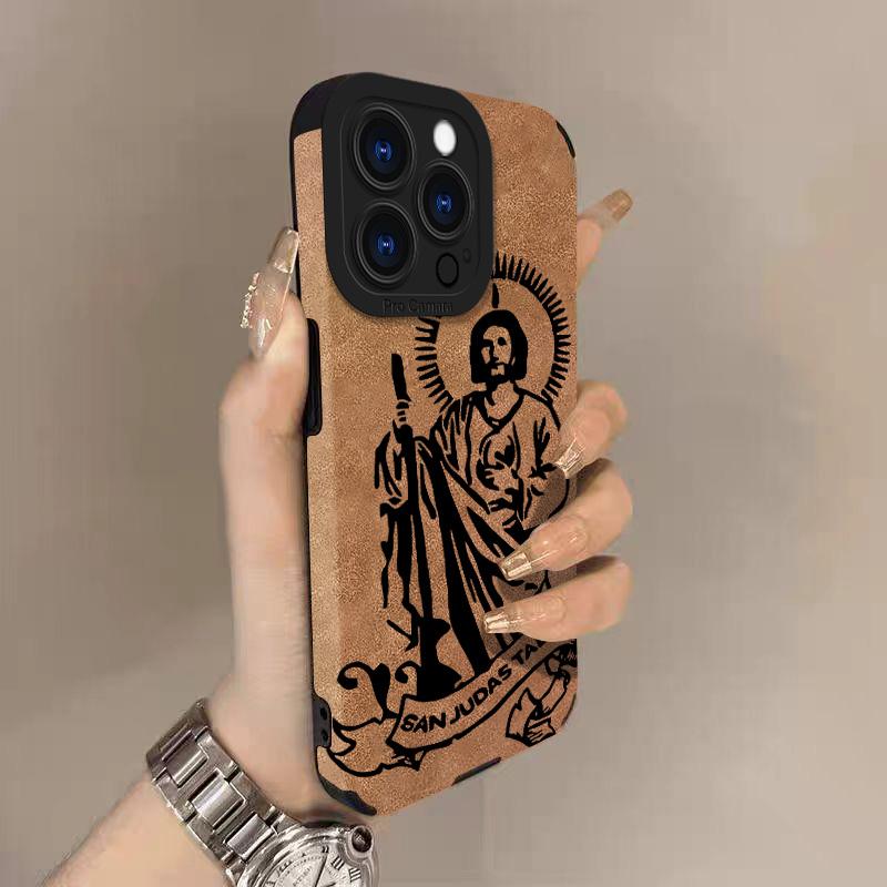 San Judas tadeo Lambskin Leather Phone Case For iPhone 17 Pro Max Air 16 15 14 13 12 11 Pro Max Plus X XS MAX XR Hard Back Cover