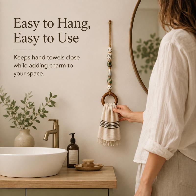Decorative Beaded Towel Hanger With Wooden Ring Practical Design, Portable For Bathroom Kitchen