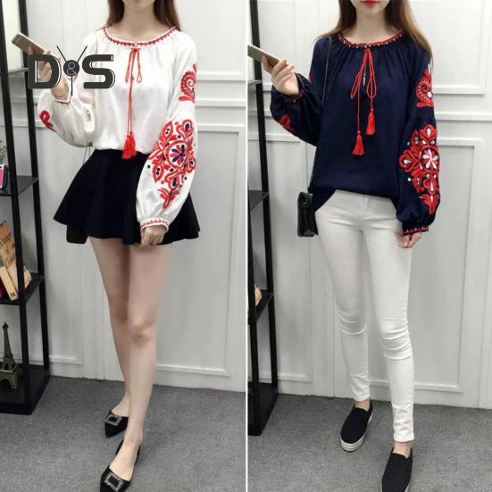 Summer Shirt Women Ethnic Style Embroidered Pattern Pullover Tops Round Neck Lantern Sleeve Loose Fit Blouse