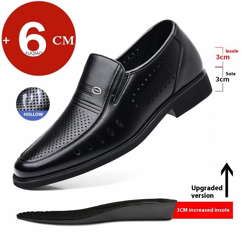 Men's Breathable Hollow Out Elevator Dress Leather Shoes Spring Summer 6cm Height Increase Business Slip-On Formal Office Shoes